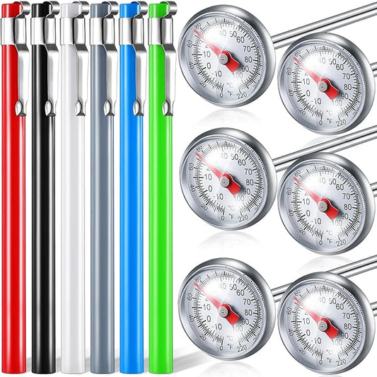 Xuhal 6 Pcs Stainless Steel Kitchen Thermometer with 5 Inch Long Stem 1 Inch Dial Thermometer Milk Frothing Food for Oven Probe Meat Grill BBQ Cooking Chocolate Water(Multicolor)