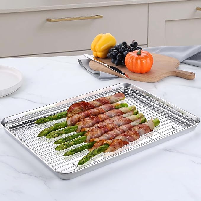 Homikit Baking Sheet Pan with Rack Set, 18" x 13" Nonstick Half Cookie Sheets for Baking Cooking Tray with Wire Cooling Rack, Stainless Steel Bakeware Bacon Pans for Oven Toaster, Dishwasher Safe