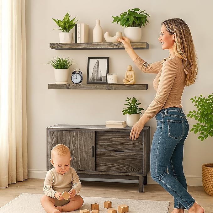 Rustic Floating Shelves 36 inch Long 8 inch deep Set of 2, Solid Wood Wall Shelves for Bedroom Living Room Kitchen,Book Shelf for Wall, Wall Mounted Shelves with Hidden Bracket- Walnut