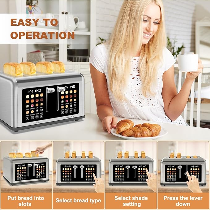 4 Slice Toaster Touch Screen, Stainless Steel Toasters Digital Timer, Dual Control Panel Toasters, 8 Shade Settings 6 Bread Types for Bagel, Cancel, Defrost 1650W