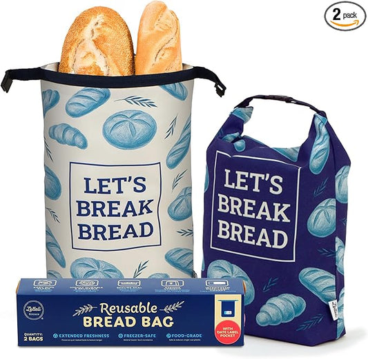 LOTTELI Reusable Bread Bags for Homemade Loaves – 2 Pack Cloth Sourdough Bread Bags - Freezer Storage with Zipper, Buckle & Date-Label Pocket - Eco-Friendly & Washable