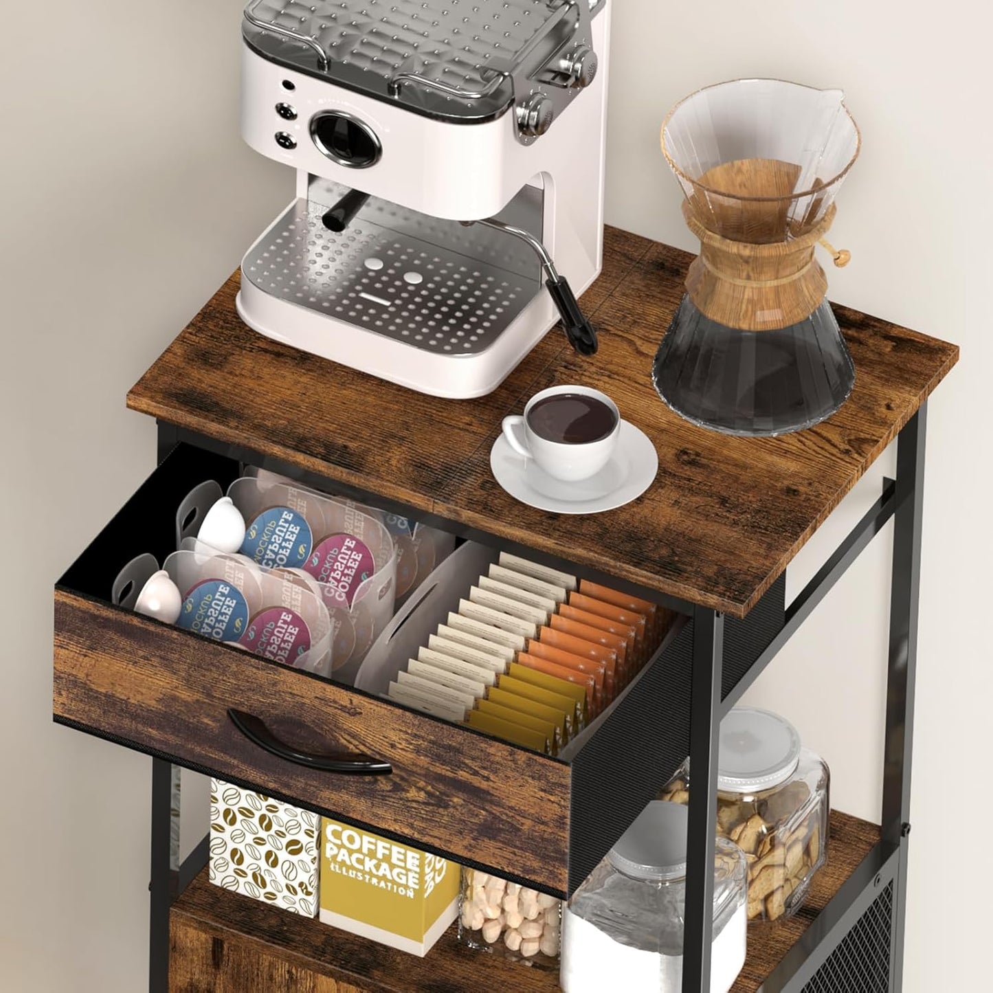 4-Tier Small Coffee Bar with Storage,Kitchen Stand, Farmhouse-Style Coffee Bar with Storage Featuring 2-Door Cabinet for Living Room,Kitchen (Rustic Brown)