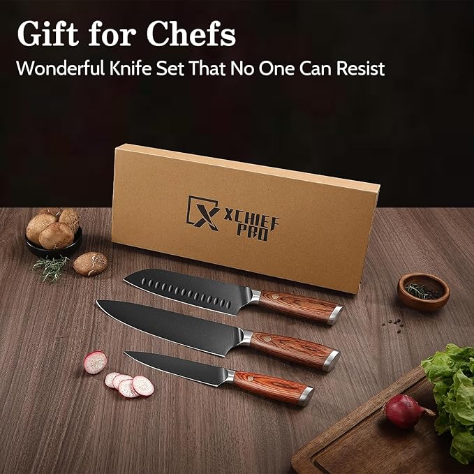 Kitchen Knife Set, 3 Pieces Japanese High Carbon Stainless Steel Chef Cooking Knife Set, Ultra Sharp Professional Chef Santoku Utility Knives (Black)