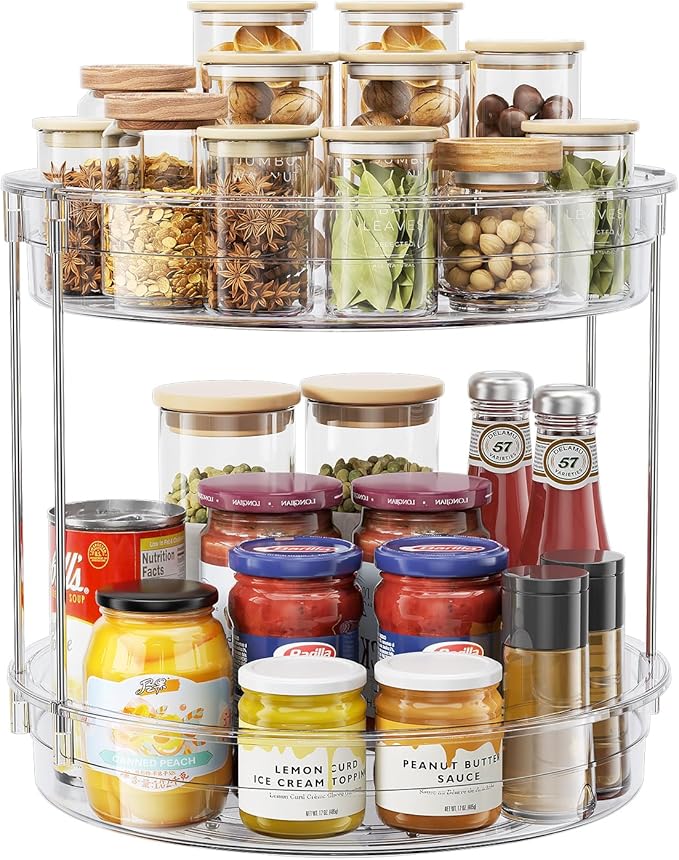 LAMU 12inch 2 Tier Lazy Susan Turntable Organizer Rotating Spice Rack Organization for Cabinet, Kitchen, Pantry, Countertop, Bathroom, Vanity, Medicine Cabinet Organizer, Clear