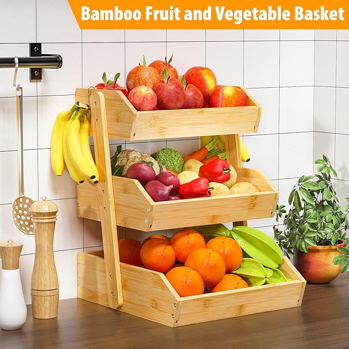 Bamboo Fruit Basket for Kitchen – 3 Tier Fruit Bowl For Kitchen Counter, Large Fruit Holder With 2 Banana Hangers, Idea For Fruit and Vegetable Storage, Bread Basket, Snack Organizer(Bamboo)