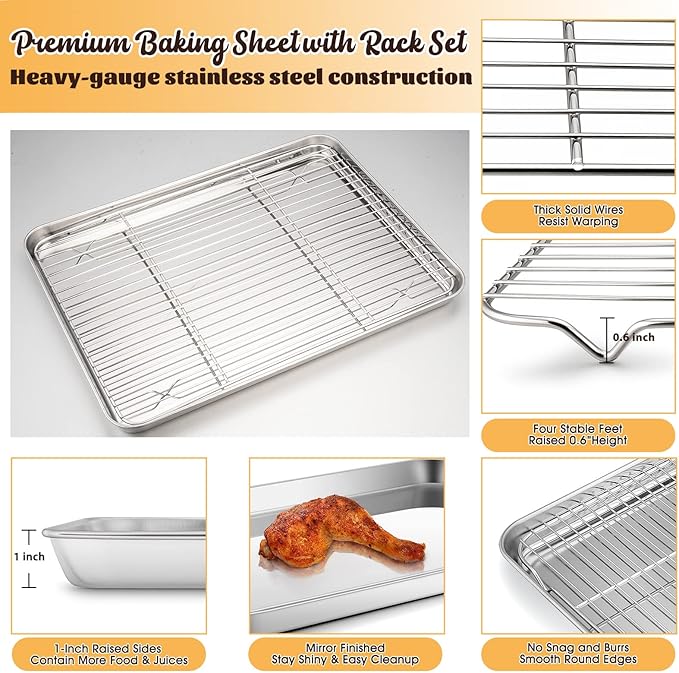 Baking Sheet with Rack Set, E-far 16”x12” Stainless Steel Cookie Sheet Pan for Oven, Rimmed Metal Tray with Wire Cooling Rack for Cooking Roasting Resting Bacon Meat Steak - Dishwasher Safe