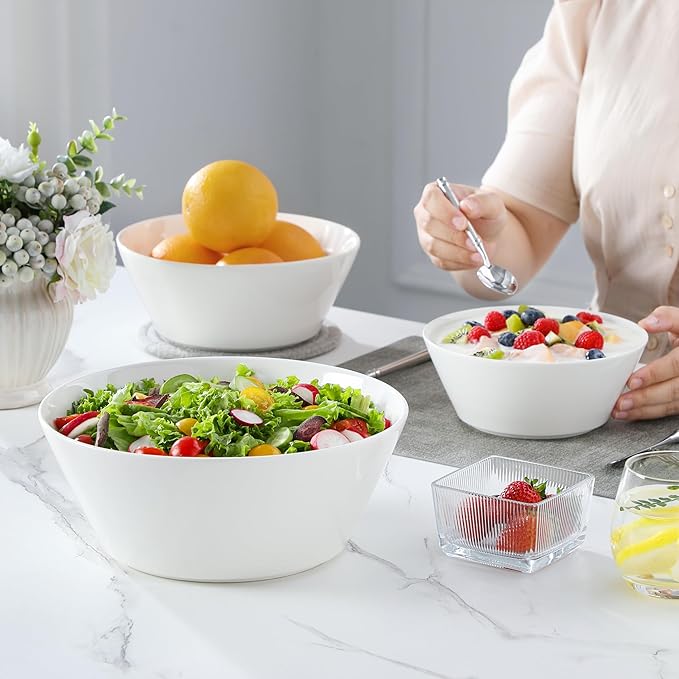 MALACASA Serving Bowls, Ceramic Mixing Bowls for Kitchen, 105/60/35 OZ White Bowls Set of 3, Microwave and Dishwasher Safe, Series Regular