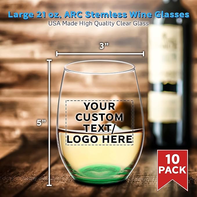 DISCOUNT PROMOS 10 ARC Stemless Wine Glasses Set, 21 oz. - Customizable Text, Logo - Chardonnay, Cabernet, Merlot, Sauvignon - Green