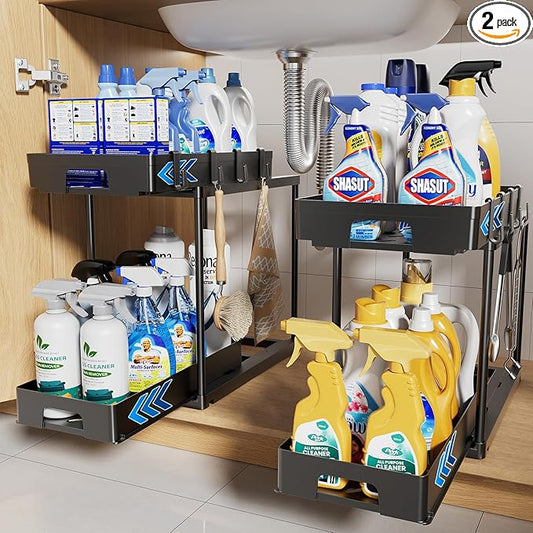 Delamu Under Sink Organizers and Storage, 2 Pack Pull Out Kitchen Bathroom Cabinet Organizer, 2 Tier Black Under Sink Storage for Bathroom Kitchen, Under Counter Storage Organizer with 8 Hooks