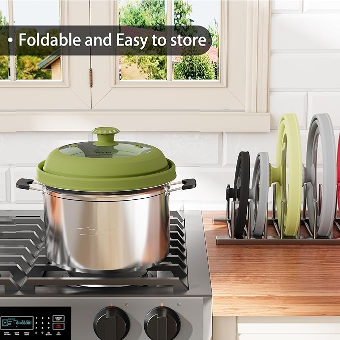 Collapsible Microwave Splatter Cover - Vented Silicone & Glass Lid with Easy-Grip Handle, Fits 6 to 11 Inch Plates & Bowls, 11.8 Inch Diameter, Prevents Splatters & Ensures Even Heating