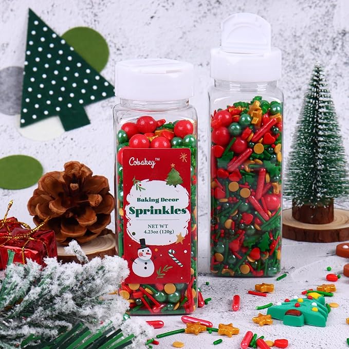 Christmas Sprinkles for Cookies, Red and Green Sprinkles With Green Tree & Gold Star, Perfect for Christmas Dessert Party 4.23 Ounce