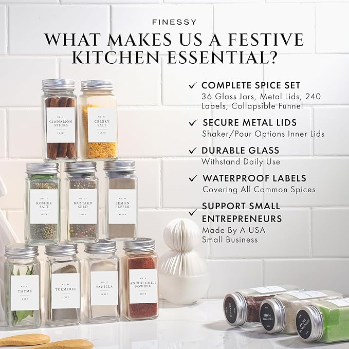 Glass Spice Jars with Labels with Metal Lids and Shakers Minimalist 36 Pack Set, 4oz Small Clear Empty Spice Bottles Seasoning Containers with Label Organizer Square Herb Seasoning Jars for Kitchen