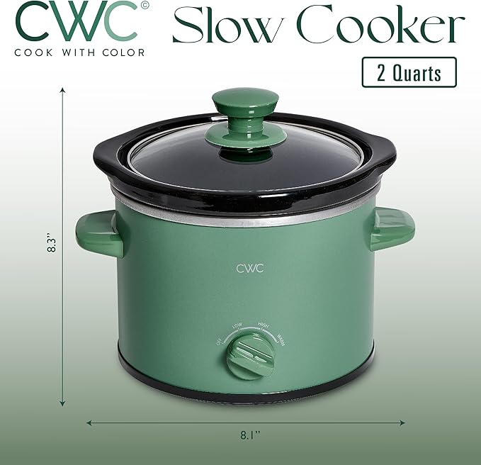 COOK WITH COLOR 2QT Mini Electric Round Slow Cooker - Adjustable Settings, Removable Stoneware Pot, Tempered Glass Lid, Dishwasher Safe, Cool-Touch Side Handles, Dark Sage