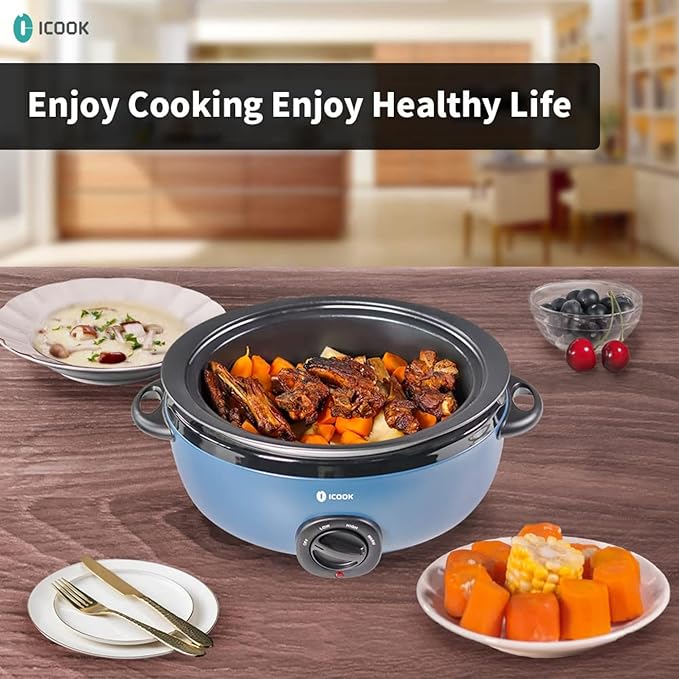 ICOOK 6.5 Quart Slow Cooker, Simmer Pot with Transparent Glass Cover, Cooks Entrees, Adjustable Temp, Sauces, Soups, Roasts, Stews and Dips (Bule)