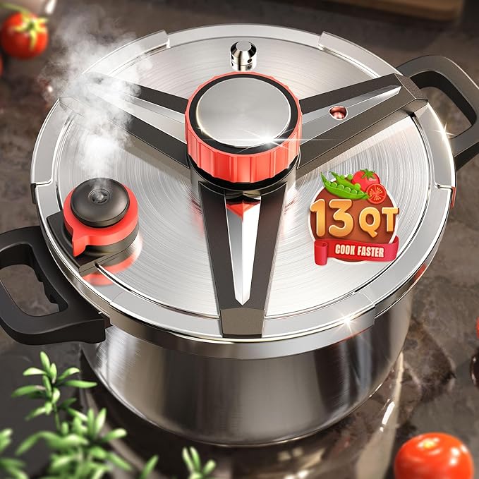 Pressure Cooker 13 QT, [Save 70% Cooking Time] Stainless Steel Pressure Canner with Triple-Layer Steel Body [One Hand Operation] Rotating Lock/Unlocking Lid System Steam Rack Included Olla De Presion