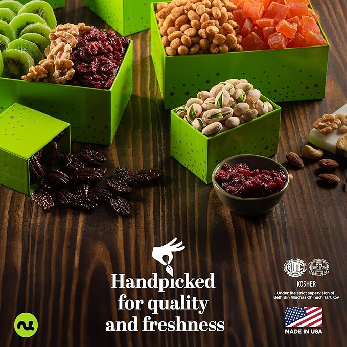 NUT CRAVINGS - Dried Fruit & Mixed Nuts Gift Basket Green Tower + Ribbon (12 Assortments) Food Arrangement, Healthy Snack Care Package, Food Assortments
