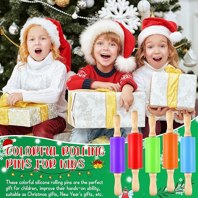 10 Pcs Small Rolling Pin Kids 9 Inch Mini Rolling Pin Silicone Wooden Cooking Pins Baking 5 Colors Non Stick Kids with Wooden Handle for Kitchen Dough Cookie Pastry Fondant Cake