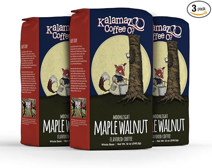 KALAMAZOO COFFEE COMPANY Maple Walnut Whole Bean Coffee - Moonlight Maple Walnut Flavored Coffee | 12oz Bag (3 Pack)