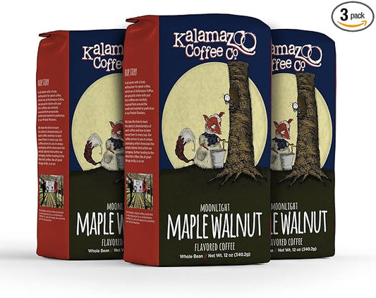 KALAMAZOO COFFEE COMPANY Maple Walnut Whole Bean Coffee - Moonlight Maple Walnut Flavored Coffee | 12oz Bag (3 Pack)