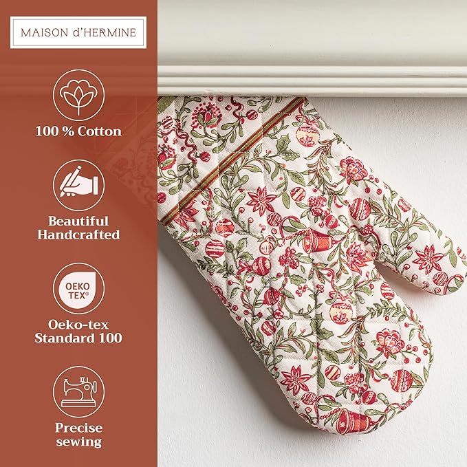 Maison d' Hermine Oven Gloves 100% Cotton Oven Mitt 7" x 13" with Loop Heat Resistant, BBQ, Cooking Gloves, Baking, Grilling, Kitchen, Handling Hot Pans (Pack of 1, Reveillon Au Jardin)