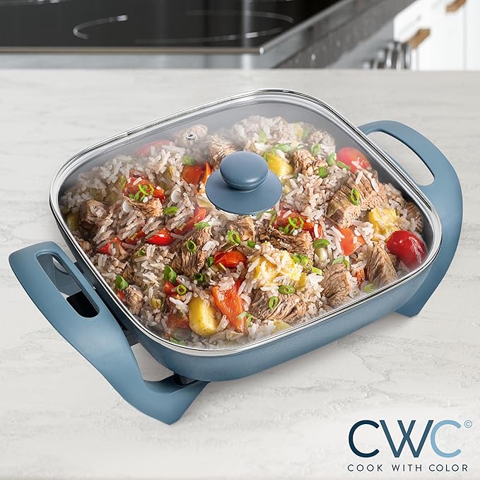 COOK WITH COLOR Electric Skillet - 12" x 12" Ceramic Nonstick Pan, PFAS-Free, 1400W, Tempered Glass Lid, Variable Temperature, Removable Heating Probe, Cool-Touch Handles, Slate Blue