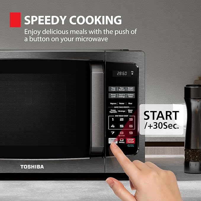 TOSHIBA ML-EM09PA(BS) Small Microwave Oven with 6 Auto Menus, Mute Function & Child Lock, LED Lighting, Perfect for Apartment, 0.9 Cu Ft, 10.6 Inch Removable Turntable, 900W, Black Stainless Steel