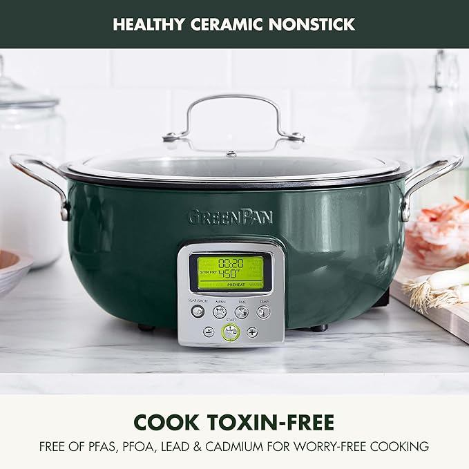 GreenPan Elite Essential Smart Electric 6QT Skillet Pot,Sear Saute Stir-Fry and Cook Rice, Healthy Ceramic Nonstick and Dishwasher Safe Parts, Easy-to-use LED Display, PFAS-Free, Ponderosa Pine