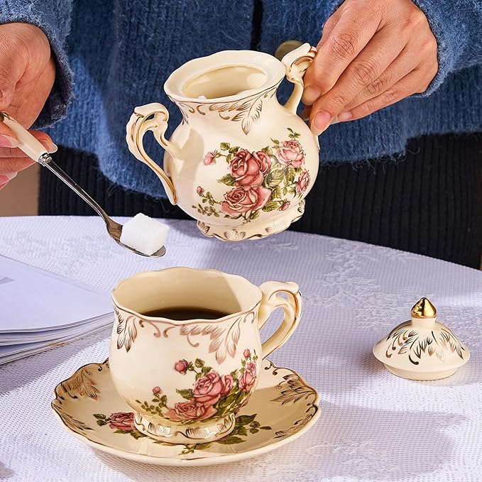 YOLIFE Ceramic Sugar and Creamer Set, Vintage Porlcelain Pitcher Creamer Sugar Bowl with Lid, Pink Rose Floarl Golden Leaves Edge
