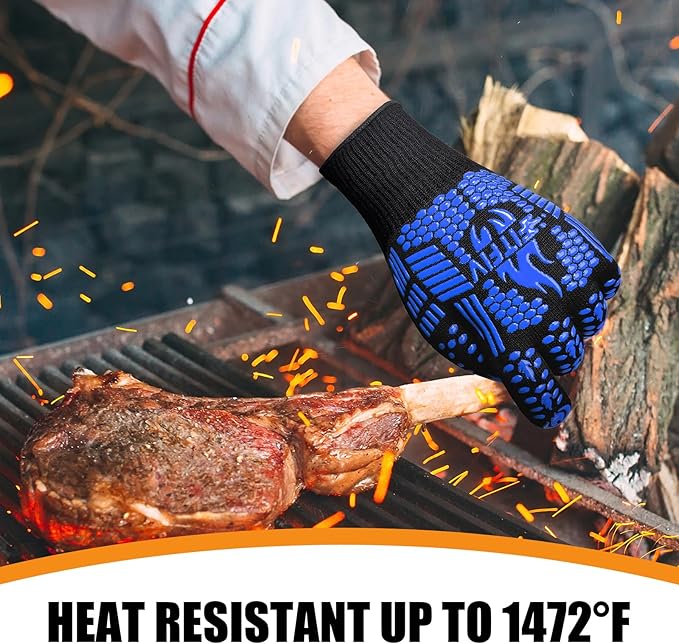 BBQ Gloves, Oven Gloves, Extreme Heat Resistant Barbecue Gloves, Silicone Non-Slip Oven Mitts, Kitchen Gloves for Cooking, Grilling, and Baking (Blue)