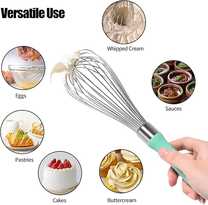 18/8 Stainless Steel Balloon Whisk, Doosu Kitchen Whisk for Cooking Handheld Egg Beater with Rust-Proof Sturdy Wires & Non-Slip Silicone Handle for Beating, Stirring, Blending (12 Wires, Aqua Sky)