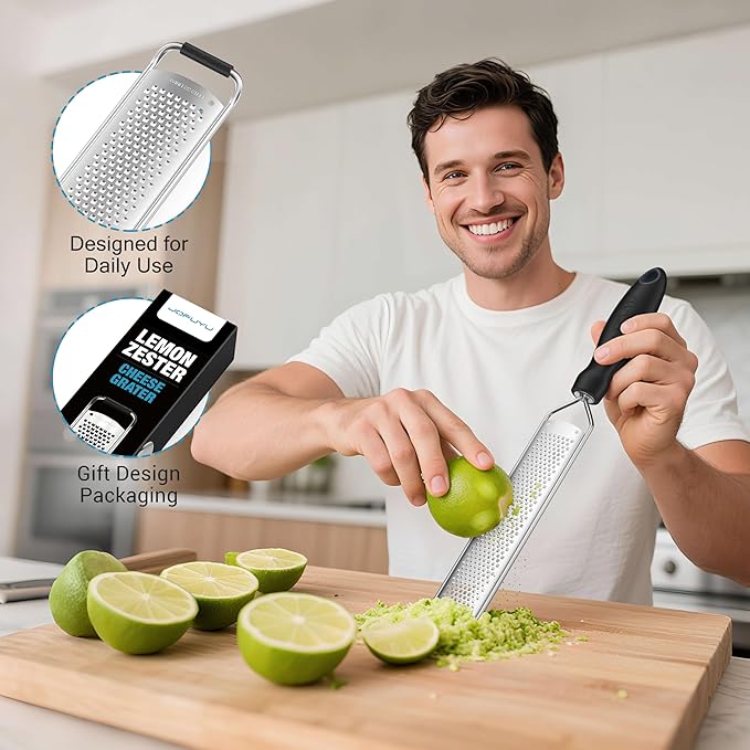 Premium Lemon Zester Grater with Handle, Ultra Sharp Stainless Steel Blade for Cheese, Citrus, Ginger, Garlic & Chocolate, Non-Slip Grip, Safety Cover & Cleaning Brush