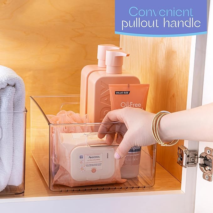 Plastic Food Storage Clear Container Bin with Handles for Organizing Kitchen, Pantry, Refrigerator, Freezer, Pantry, Cabinet, Closet, Bathroom 10”x8”x5”