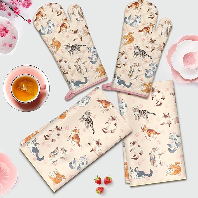 Cute Cat Kitchen Towels and Oven Mitts Set 4Pcs, Soft Absorbent Dish Cloth Heat Resistant Oven Gloves for Cooking Baking Kitchen Decoration, Gifts for Her