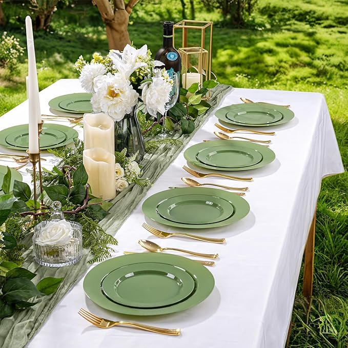 I00000 200 Pcs Green Plastic Plates, Green Disposable Plates Include 100 Dinner Plate 10’’ and 100 Dessert Plate 7’’ Perfect for Birthday, Party & Wedding