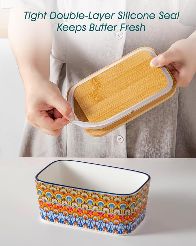 vancasso SIMI Butter Dish with Lid, 6.5" Large Butter Dish for Countertop, Bohemian Ceramic Butter Keeper Container with Knife and Bamboo Lid, Butter Holder for Counter, Regal Bloom