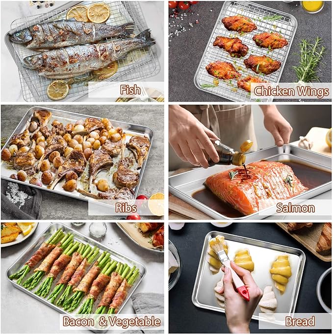 P&P CHEF 16 + 12.5 + 10.4 + 9 Inch Baking Sheet and Rack Set, Stainless Steel Cookie Sheets Oven Baking Pans Trays with Cooling Racks for Cooking & Roasting, Oven & Dishwasher Safe, (8Pcs)