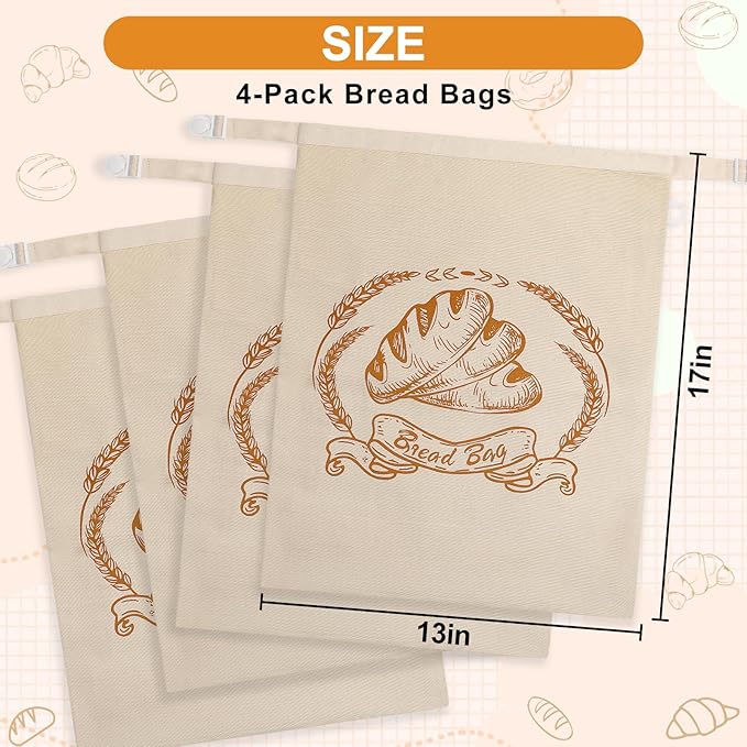 4 Pack Reusable Linen Bread Bags for Homemade,Organic Linen Bread Bag for Homemadesourdough 17 x3 inches Food Storage Cloth Bag，Keep Fresh and Upgrade Large Capacity Portable
