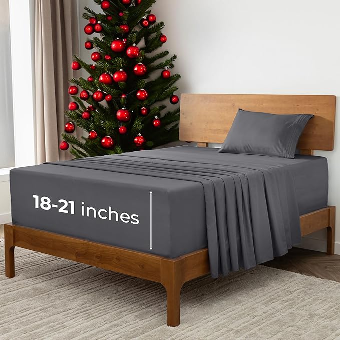 Mellanni Extra Deep Twin Sheets - 3 PC Iconic Collection Bedding - Hotel Luxury, Ultra Soft, Cooling Bed Sheets - Wrinkle, Fade, Stain Resistant (Twin, Gray)