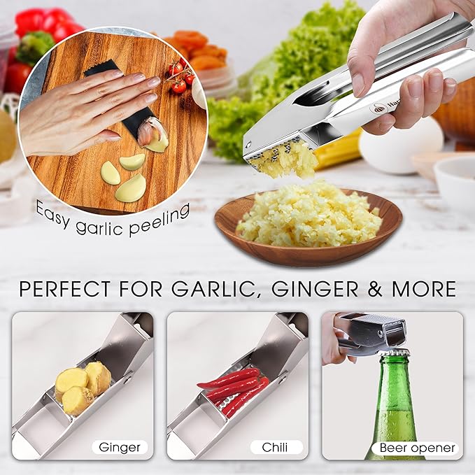 Garlic Press Stainless Steel - No Need to Peel Garlic Mincer & Crusher - 304 Inox, 7.34 Oz, Large Trough - Ergonomic Handle, Easy to Clean, Dishwasher Safe (2 Years Warranty) (Blue)