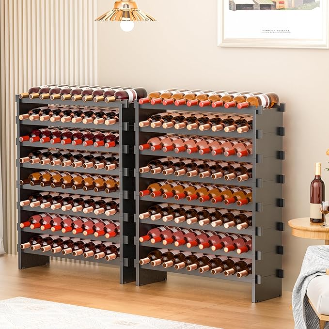 VASMIA Bamboo Stackable Wine Rack,72 Bottles Wine Rack Freestanding Floor,No Tools Assembly,8-Tier Display Wine Storage Shelf for Kitchen, Bar, Dining Room,Cellar,Black