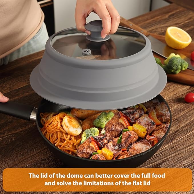 Collapsible Microwave Splatter Lid with Vented Tempered Glass Cover Wok Lid for Microwave Safe, Stockpot Steamer Pot Pan 10.5-11 inch Universal Multifunction Silicone Cover