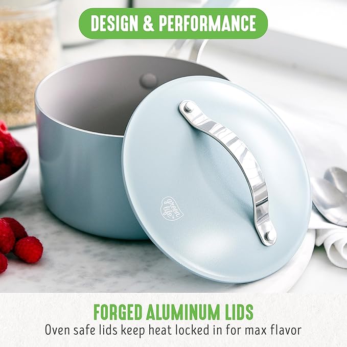 GreenLife 2 Quart Nonstick Saucepan with Lid, Lightweight Healthy PFAS-Free Milk Pan, Dishwasher & Oven Safe Soup Pan, Durable Body, Silicone Stay-Cool Handle, Easy Release Chef’s Pan, Blue Haze