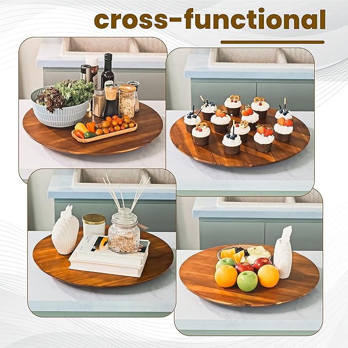 21" Acacia Wood Lazy Susan for Table Top - Wooden Turntable Serving Tray for Charcuterie Boards Cheese Board - Extra Large Round Lazy Susan Organizer - Kitchen Revolution for Countertop