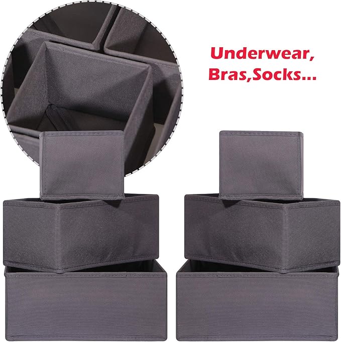DIOMMELL 12 Pack Foldable Cloth Storage Box Closet Dresser Drawer Organizer Fabric Baskets Bins Containers Divider for Baby Clothes Underwear Bras Socks Lingerie Clothing,Dark Grey 444
