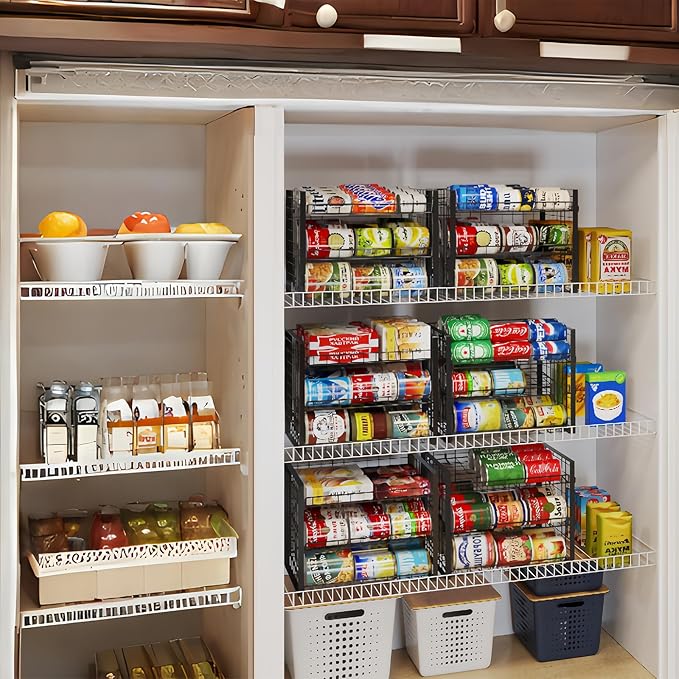 3 Tier Stackable Can Rack Organizer for Pantry, Adjustable Can Holder for Various Ounce of Canned Food Soup Goods Soda Drink, Rolling Tiered Can Dispenser for Kitchen Cupboard Cabinet, 2 Pack