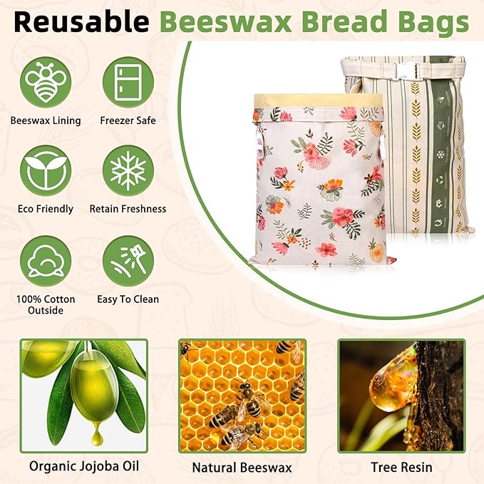 2 Pack Cotton Beeswax Bread Bags - Large Reusable Cotton Linen Food Storage Covers for Sourdough & Homemade Bread, Waxed Bags Keep Bread Fresh, Proofing Bag Freezer-Safe, Easy Clean