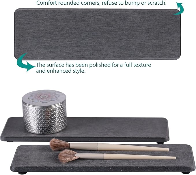 2 Pcs Water Absorbing Stone Trays, Kitchen/Bathroom Sink Soap Dish, Diatomite Tray Used for Hand Soap & Cosmetic Bottles in The Modern Home, 3.2" W x 10.2" L, Dark Gray