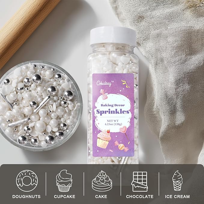 White Wedding Sprinkles for Cake Decorating 4.23ounce - Sugar Mix Contains White & Silver Pearl Sprinkles for Cupcake Toppers, Ice Cream, Candy, Cookie Decorations - Wedding Party Supplies