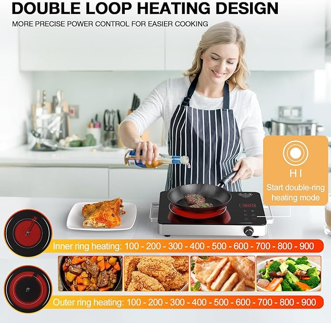 Electric Cooktop,Portable Electric Cooktop 1800W Single Burner Stove with Plug,Hot Plate Countertop,110V-120V Infrared Burner,Child Safety Lock,Timer,Touch and Knob Control