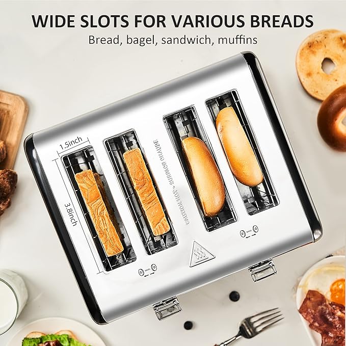 Countdown Stainless Steel 4 Slice Toaster with Bagel, Defrost, Cancel Function, Dual Toaster, Extra Wide Slots, 6 Shade Settings, Removable Crumb Trays, 1650W, Black